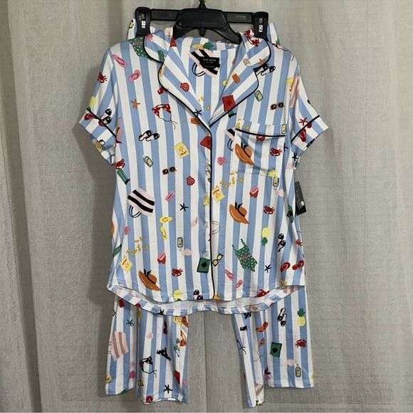 kate spade S White Aqua Blue Vertical Stripe Beach Themed Top Crop Pants PJ Set - Picture 3 of 11